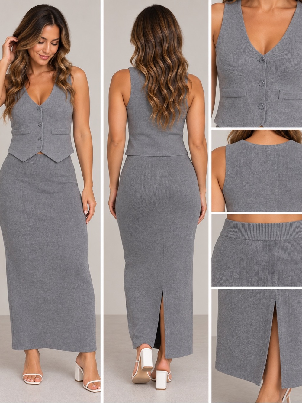 Sleeveless Gray Knit Maxi Skirt with Matching Vest
